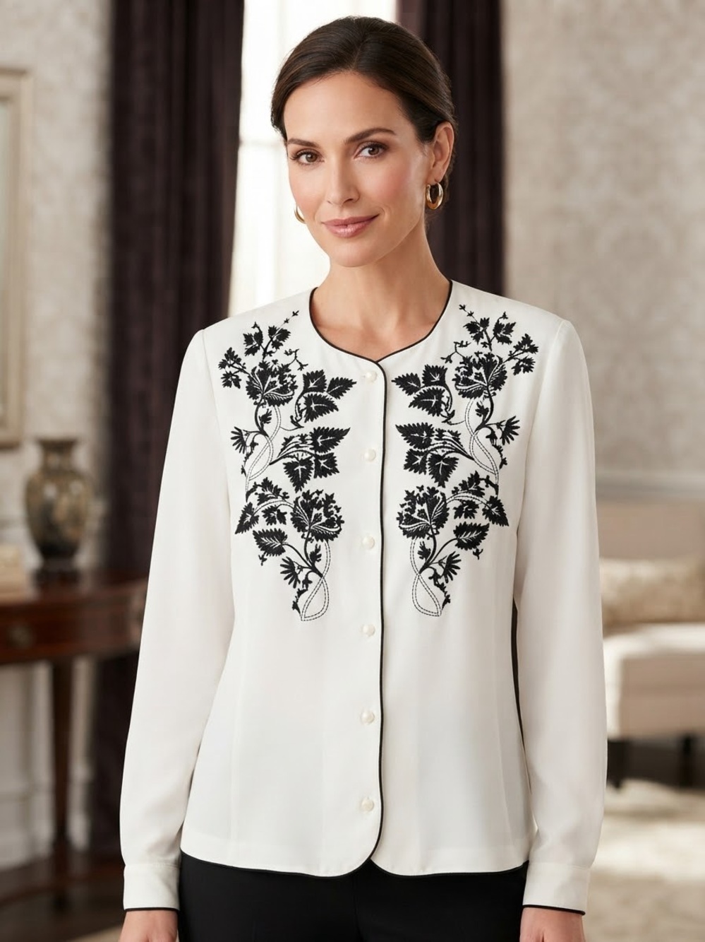 Take 50% OFF-Martinique white Button-Front Top Black Embroidered Floral,Sz-10